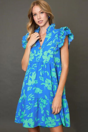 Umgee Full Size Two Tone Floral Print Ruffle Cap Sleeve Mini Dress Plus Size - Reed + Raven