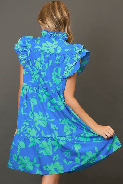 Umgee Full Size Two Tone Floral Print Ruffle Cap Sleeve Mini Dress Plus Size - Reed + Raven