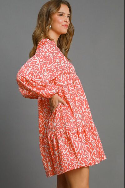 Umgee Full Size Two Tone Print Balloon Sleeve Tiered Dress Plus Size - Reed + Raven