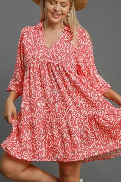 Umgee Full Size Two Tone Print Balloon Sleeve Tiered Dress Plus Size - Reed + Raven