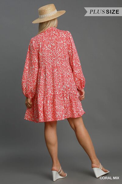 Umgee Full Size Two Tone Print Balloon Sleeve Tiered Dress Plus Size - Reed + Raven