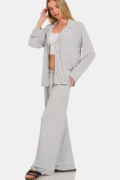 Zenana Button Down Long Sleeve Top and Pants Lounge Set - Reed + Raven