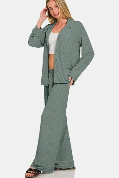 Zenana Button Down Long Sleeve Top and Pants Lounge Set - Reed + Raven
