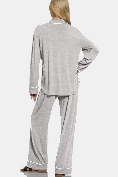 Zenana Button Down Long Sleeve Top and Pants Lounge Set - Reed + Raven