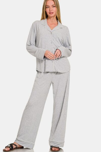 Zenana Button Down Long Sleeve Top and Pants Lounge Set - Reed + Raven