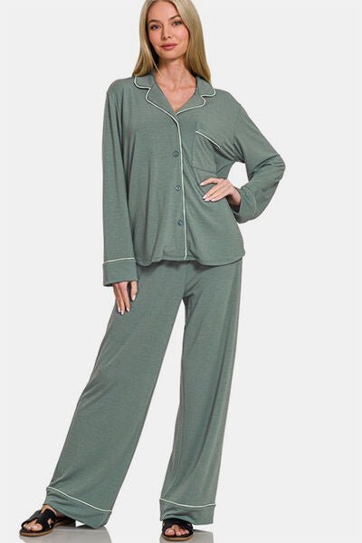 Zenana Button Down Long Sleeve Top and Pants Lounge Set - Reed + Raven
