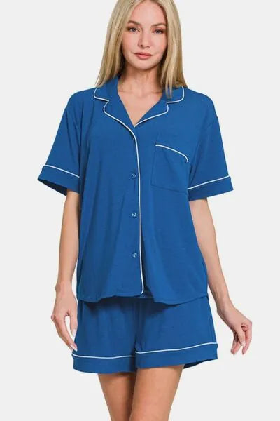 Zenana Button Down Short Sleeve Top and Shorts Lounge Set - Reed + Raven