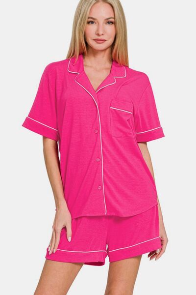 Zenana Button Down Short Sleeve Top and Shorts Lounge Set - Reed + Raven
