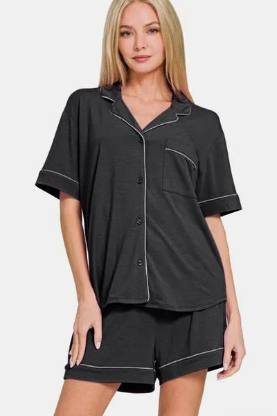 Zenana Button Down Short Sleeve Top and Shorts Lounge Set - Reed + Raven