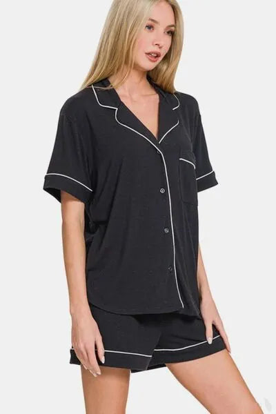 Zenana Button Down Short Sleeve Top and Shorts Lounge Set - Reed + Raven