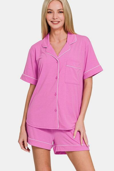 Zenana Button Down Short Sleeve Top and Shorts Lounge Set - Reed + Raven