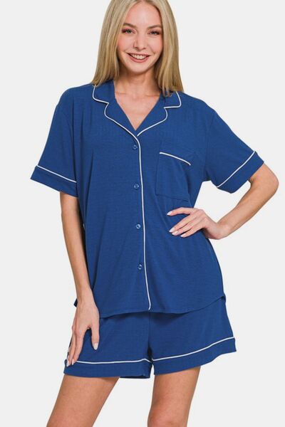 Zenana Button Down Short Sleeve Top and Shorts Lounge Set - Reed + Raven