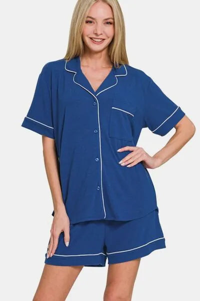 Zenana Button Down Short Sleeve Top and Shorts Lounge Set - Reed + Raven
