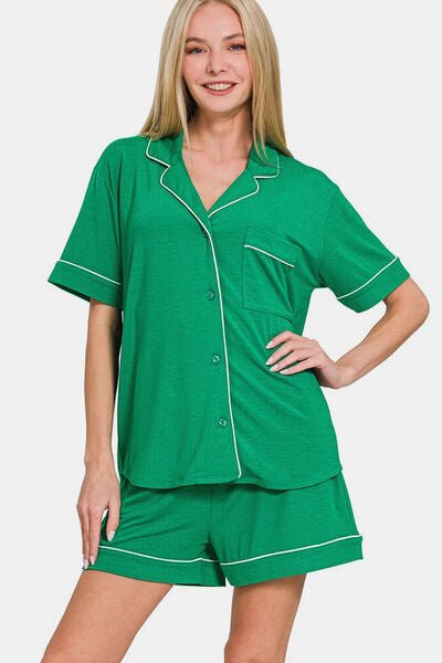 Zenana Button Down Short Sleeve Top and Shorts Lounge Set - Reed + Raven