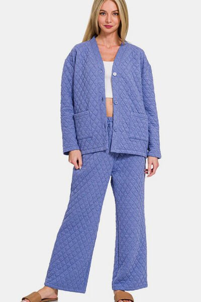 Zenana Quilted Button Up Long Sleeve Top and Pants Lounge Set - Reed + Raven