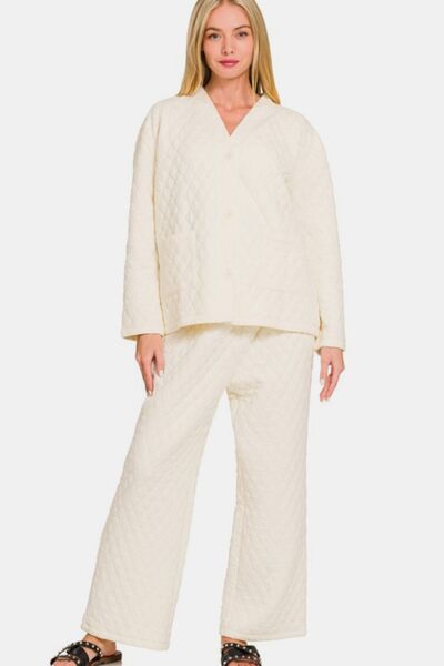 Zenana Quilted Button Up Long Sleeve Top and Pants Lounge Set - Reed + Raven