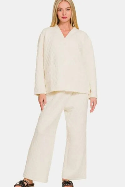 Zenana Quilted Button Up Long Sleeve Top and Pants Lounge Set - Reed + Raven