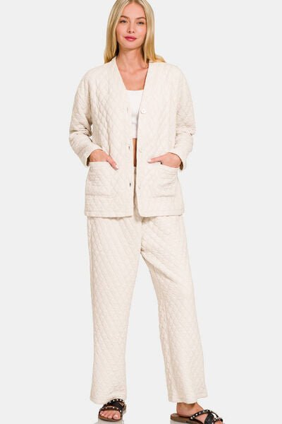 Zenana Quilted Button Up Long Sleeve Top and Pants Lounge Set - Reed + Raven