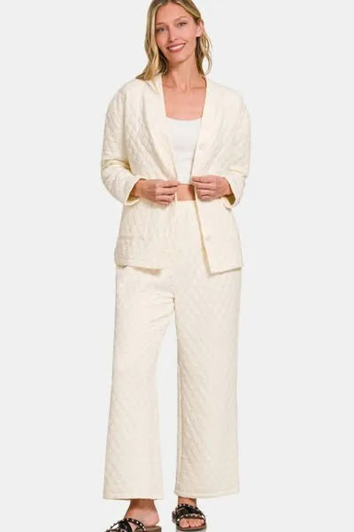Zenana Quilted Button Up Long Sleeve Top and Pants Lounge Set - Reed + Raven