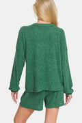 Zenana V - Neck Long Sleeve Ribbed Top and Shorts Set - Reed + Raven