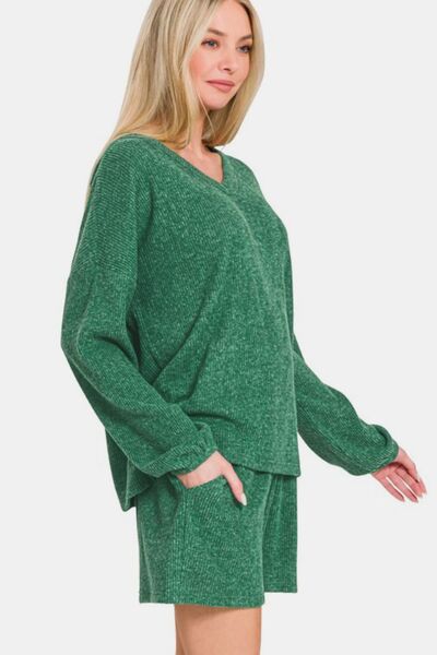 Zenana V - Neck Long Sleeve Ribbed Top and Shorts Set - Reed + Raven