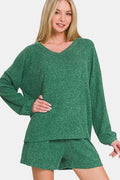 Zenana V - Neck Long Sleeve Ribbed Top and Shorts Set - Reed + Raven