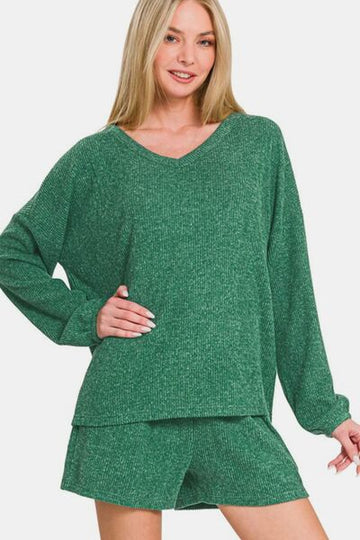 Zenana V - Neck Long Sleeve Ribbed Top and Shorts Set - Reed + Raven