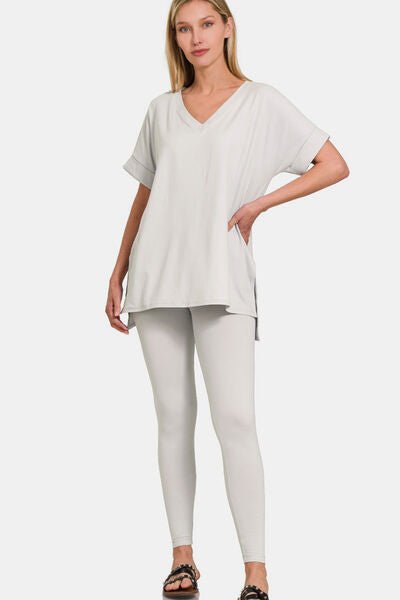 Zenana V - Neck Rolled Short Sleeve T-Shirt and Leggings Lounge Set - Reed + Raven