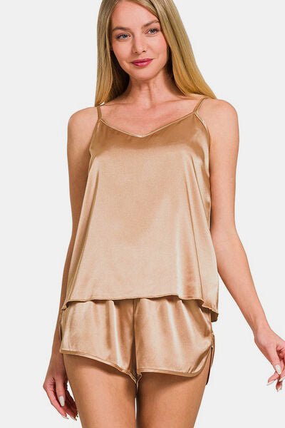 Zenana V - Neck Satin Cami and Elastic Waist Shorts Lounge Set - Reed + Raven