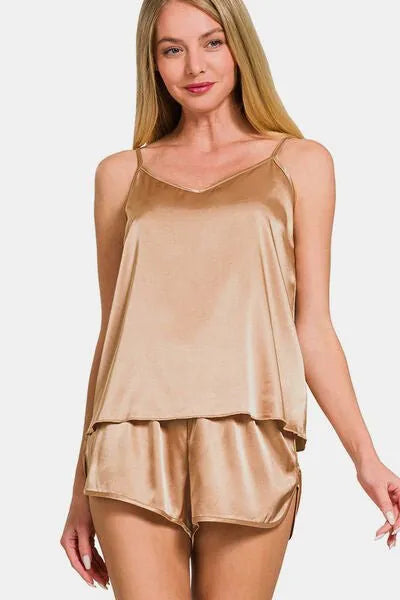 Zenana V - Neck Satin Cami and Elastic Waist Shorts Lounge Set - Reed + Raven