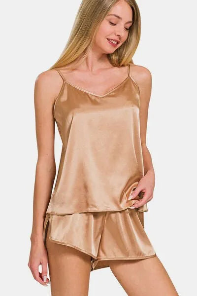 Zenana V - Neck Satin Cami and Elastic Waist Shorts Lounge Set - Reed + Raven